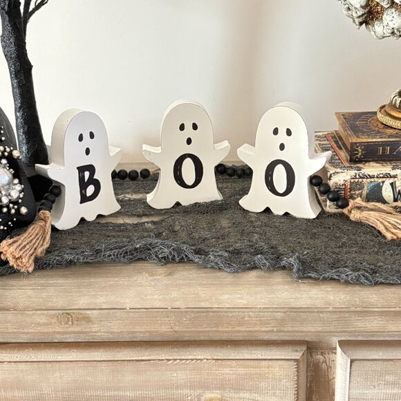 Halloween BOO Ghost Wooden Decor Tassel Tabletop - Picture 2 of 2